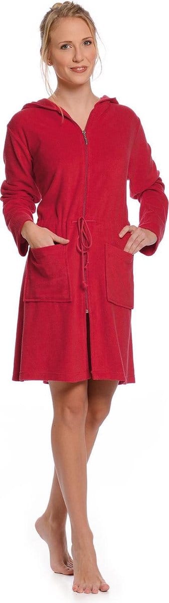 Rits badjas dames kort – met capuchon – lichtgewicht – dun – sauna - dames badjas met ritssluiting - rood - maat S