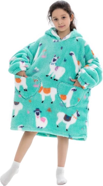 Alpaca fleece hoodie deken met mouwen kind – fleece poncho kind – plaid met mouwen - maat 128/152 – lengte 75 cm - chillen – Warm & zacht – relax outfit kids – mint - Badrock