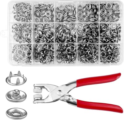 Set van 200 drukknopen 9,5 mm, zilver, metalen drukknopen, roestvrij, drukknopen met tang voor drukknopen, voor handwerk, kleding, tassen