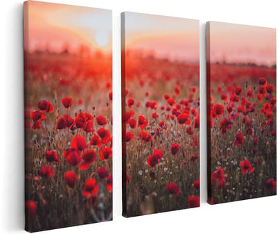 Artaza Canvas Schilderij Drieluik Rode Klaprozen Bloemenveld Zonsondergang - 120x80 cm - Wanddecoratie Woonkamer - Schilderijen - Muurdecoratie
