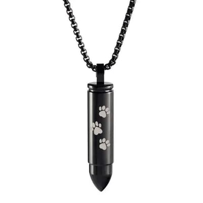 Aramat Jewels | Gedenkhangers | Stalen Kogel Ashanger met Tekst – Zilver & Zwart 5x1cm Gedenksieraad | Zwart/Pootafdruk-5x1cm | |15mm | Staal | Volwassenen | Verkleurd niet
