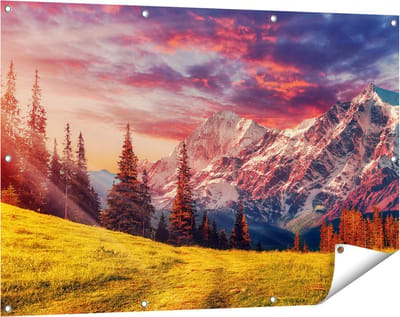 Gards Tuinposter Alpen Landschap met een Kleurrijke Hemel - 120x80 cm - Tuindoek - Tuindecoratie - Wanddecoratie buiten - Tuinschilderij