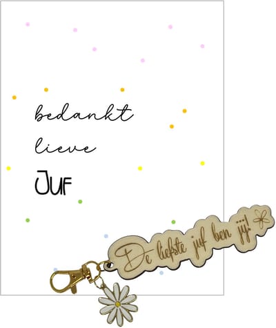 Sleutelhanger en kaartje JUF | wit | stippen | jij bent de liefste | liefste juf | topjuf | einde schooljaar | cadeau