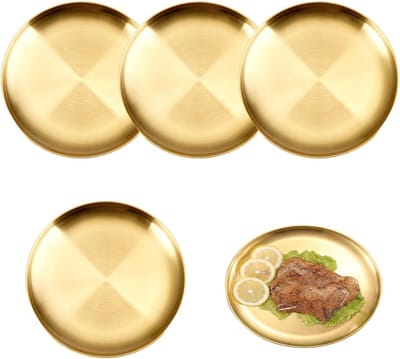 SnelShoppen - 4 Stuks 20cm Ronde Roestvrijstalen Camping Borden, Duurzame Metaal Servies Set, Ideaal voor Barbecue, Tuin, Keuken, Feest, Camping, Goud