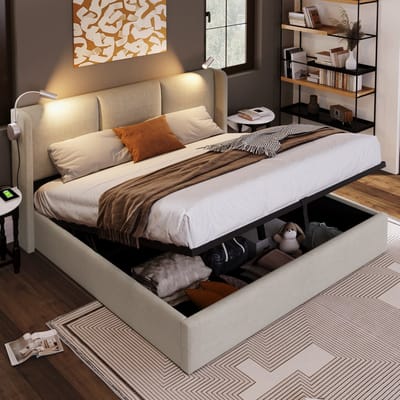 MEUNIQ tweepersoons gestoffeerd bed 140x200 met opbergruimte, lattenbodem, leeslamp en USB-functie, bedframe voor slaapkamer, beige