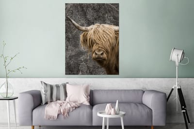 Aluminium schilderij 90x120 cm - Wanddecoratie metaal - Schotse hooglander - Wereldkaart - Dieren - Metalen muurdecoratie woonkamer - Decoratie industrieel - Foto op dibond - Industriële accessoires slaapkamer