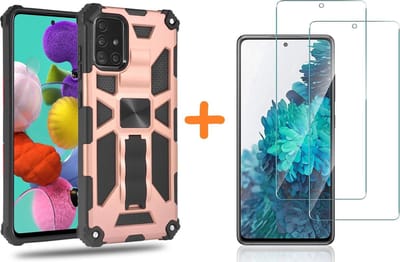Hoesje Geschikt Voor Samsung Galaxy A51 Hoesje Military Grade Invisible Built-in Kickstand - Galaxy A51 Metal Plate, Anti-Scratch Shockproof Rose Goud - Screenprotector Galaxy A51-2 Pack