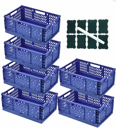 Set van 6 Opvouwbare Opbergdozen met Etiketten en Pennen,Opvouwbare Opbergmanden met Handvatten,Stapelbaar voor keuken,kantoor en lades (Blauw, 42,5×28,5×16,5 cm)