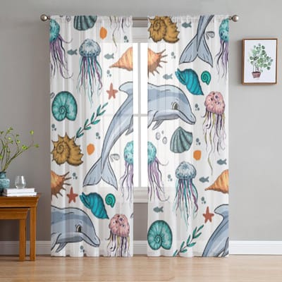 Oceaan Dieren Dolfijn Kwallen Tule Gordijnen Voor Woonkamer Keukenraam Gordijnen Huis Decoratie Doorzichtig Gordijn Voor Kinderkamer 135W x 137H(cm)