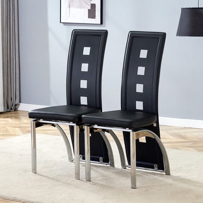 Eetkamerstoelen Set Van 2 - Eetkamerstoel - Eetkamerstoelen - Opengewerkte patronen - Gewatteerde zitting - PU - Metalen stoelpoten - Modern Design - Zwart, zilver