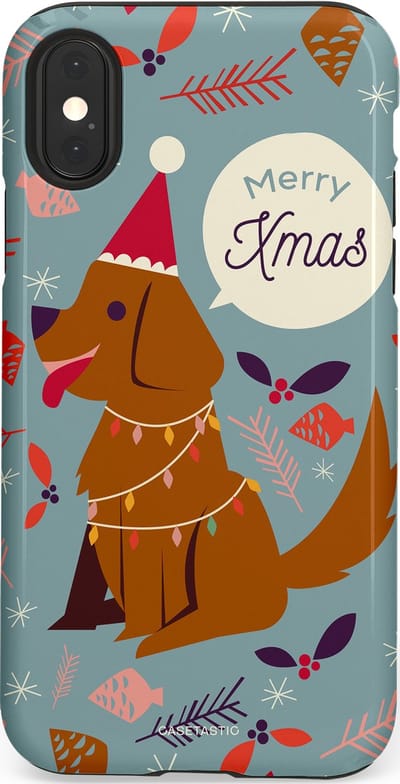 Casetastic hoesje geschikt voor Apple iPhone X / Apple iPhone XS - Dubbellaagse bescherming - Merry Christmas Hond - Fashion Case - Zilver Bruin Saliegroen Rood