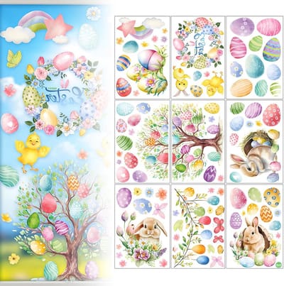 SnelShoppen - Raamstickers Pasen Zelfklevend Kinderen, Herbruikbare Decoratie voor Raam, Koelkast en Deuren, 9 Vellen, 20x30 cm, Feestelijke Versierin