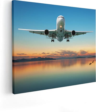 Artaza Canvas Schilderij Zonsondergang - 50x40 cm - Wanddecoratie Zee - Muurdecoratie Strand - Kamer Accessoires Vliegtuig