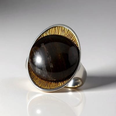 Cavill - Zilveren ring - 925 Sterling Zilver met 7,4 ct Versteend hout ronde cabochon - Natuurlijke edelsteen ring - Elegante ringen maat 16-20