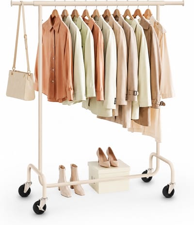 O'DADDY® Kledingrek - Kledingrek op Wieltjes - Kledingrek metaal - Kleding rek - Kledingrekken - Garderoberek - Kledingstang - Kledingrek - Uitschuifbare Kledingstang - Verstelbare Hangstang - Stabiel tot 130 kg - Beige
