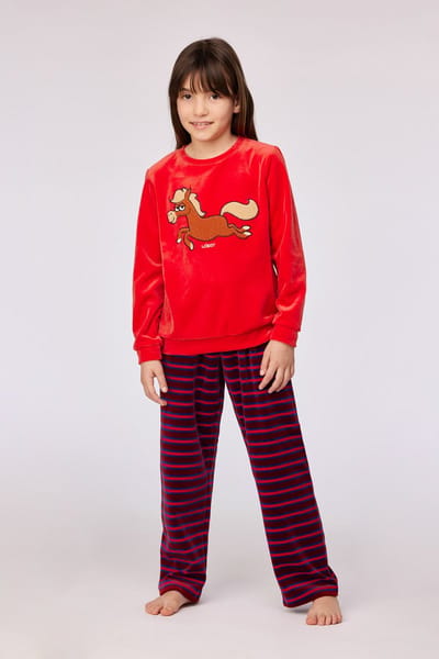 Woody pyjama meisjes/dames velours - rood - pony - 252-10-PDV-V/489 - maat 128