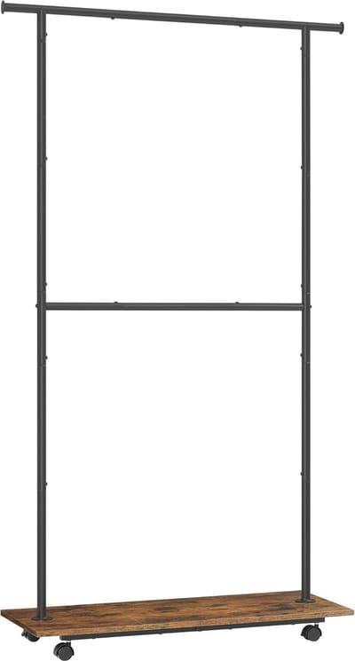 FurnStar - Kledingrek -Kledinghangers - Dubbele Kapstok Met Zwenkwielen En Plank - ‎35 x 98.5 x 18.3 cm - Rustiek Bruin En Inktzwart