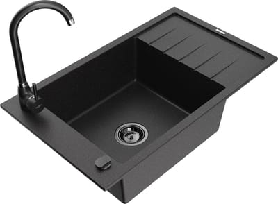 Mexen Elias granieten spoelbak 1-komor met afdruiprek en keukenkraan Telma, zwart/zilver - 6511-73-670200-70-B