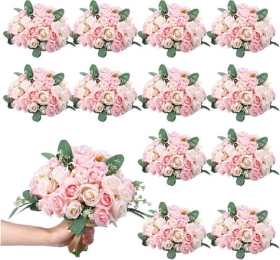 Kunstboeketten Rozen - Zijden Bloemen - Bruiloft Decoratie - Levensechte Textuur - 12 stuks - Champagne