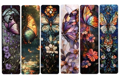 Viwado® Luxe Vlinder Boekenleggers Set 6x – Handgetekend Design met Bloemen en Glas-in-lood Effect