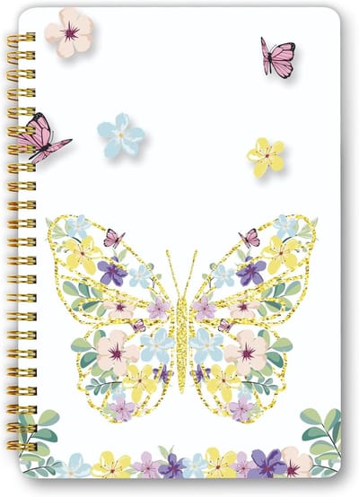 SnelShoppen - A5 Spiral Notebook 160 Pages, 100gsm Collegeblock met Hard Cover, Elastische Sluiting en Vouwbare Pouch - Vlinder Design - Ideaal voor N