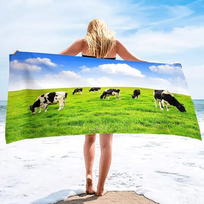 Koeprint Strandlaken Microvezel Badlakens Extra Groot Schattig Dier Koebestanden Strandlakens Sneldrogend Zwembadlaken voor Badkamer Camping W65*H115(CM)