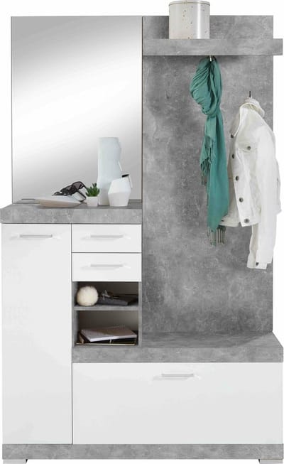 Garderobekast Hermes Beton - Wit - Breedte 120 cm - Hoogte 193.5 cm - Diepte 35.2 cm - Met lades - Met planken - Kleppen;Openslaande deuren