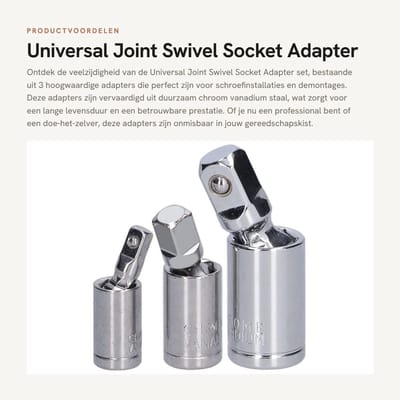 Dailygoods - Universal Joint Swivel Socket Adapter - 3 stuks - Duurzaam chroom vanadium staal - 1/2, 3/8, 1/4 - Ideaal voor schroefinstallatie - Gesch...