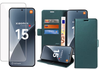 Book Case & Screenprotector geschikt voor Xiaomi 15 Hoesje Screenprotector - Gehard Glas Cover + Magnetische Sluiting - Portemonnee Turqoise