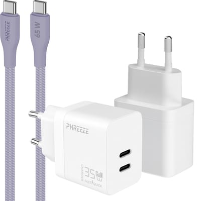 Phreeze usb C oplader 35 W - Power Delivery GaN snellader met 2 poorten + usb C kabel - S25 S24 S23 S22 en A55 A54 A53 Fold en Flip 5 6 7 - Super snelle oplader voor telefoon en tablet