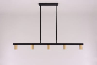Hanglamp strak zwart met 5 gouden Gu10 spots - 140cm