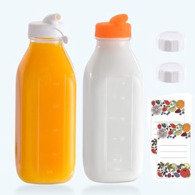 PromoHome Glazen Melkflessen Set van 2 - 1000 ml Herbruikbare Sapflessen met Schenktuit - BPA-vrij, Vaatwasserbestendig - Ideaal voor Koelkastdeur - Inclusief Extra Deksels