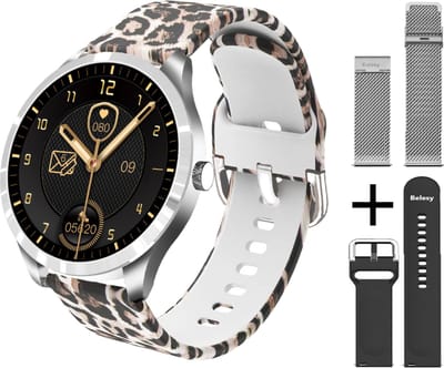 Belesy® BQSiZiPp Pro - Smartwatch Dames – Smartwatch Heren - Horloge - 1.28 inch - Kleurenscherm - Stappenteller - Bloeddruk - Hartslag - 75+ Wijzerplaten – Sporten – Zilver – Panterprint – extra polsband Milanees Zilver en Zwart - Kerstcadeau