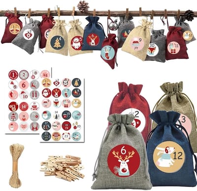 Dailygoods- Adventskalender 24 Stuks - Kerstdecoratiezakjes/Jute Zakjes - Cijferstickers - Herbruikbaar - Ademend - Inclusief Houten Klemmen - Cadeauzakjes