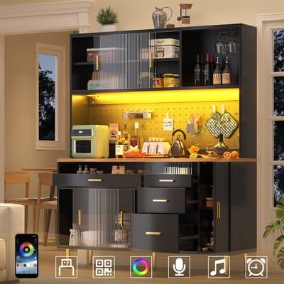 Opbergkast - 145x24x171 cm - Hoge Kast met Ledverlichting - Met Geperforeerd Wandrek - Hout - Zwart
