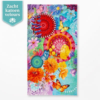 Strandlaken Bloemen Mandala 100x180 cm – 100% Katoen Velours – Zacht en Absorberend – Kleurrijk Groot Badlaken