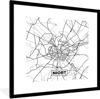 Fotolijst incl. Poster Zwart Wit- Stadskaart - Plattegrond - Kaart - Frankrijk - Niort - Zwart wit - 40x40 cm - Posterlijst