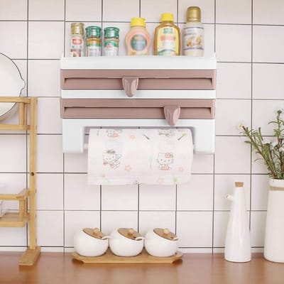 3-in-1 wandrek - Multifunctionele keukenorganizer - Plank - Servettenhouder - Met foliedispenser en -snijder - Geschikt voor keukens en badkamers