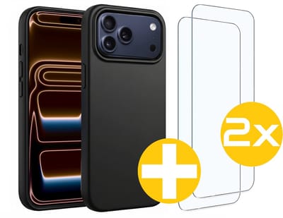 Hoesje en Screenprotector Combi Geschikt Voor iPhone 17 Pro Max - Zwarte Siliconen Hoesje + 2x Screenprotector
