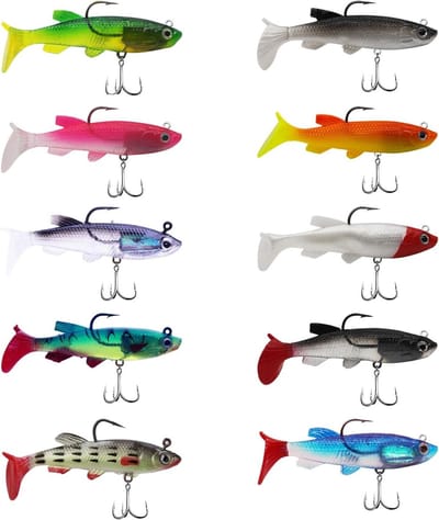 Complete Set van 10 Stuks Rubber Vissen Lures met Jigkoppen voor Zoet- en Zoutwater, Perfect voor Baars en Tilapia