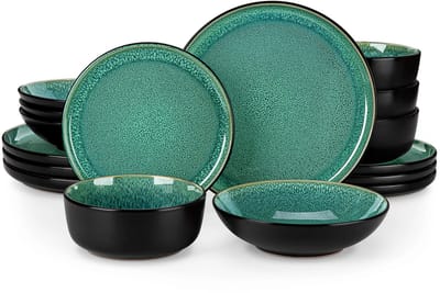 Home & Beyond® 16-Delige Keramische Serviesset voor 4 Personen - Dinerborden, Ontbijtborden, Kommen en Diepe Borden - Groen Reactief Glazuur