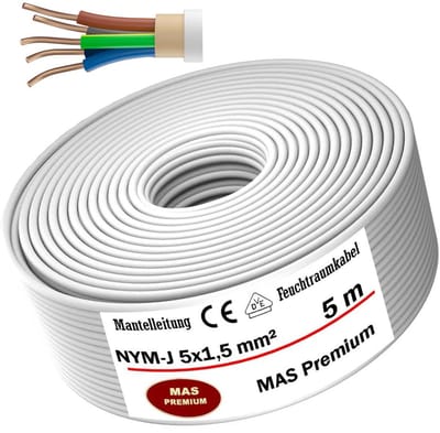 Kabel voor Vochtige Ruimtes 5x1,5 mm² van 5 tot 170 Meter