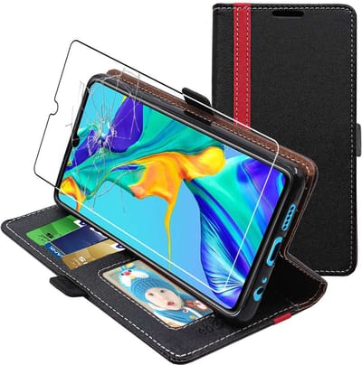 ebestStar - Hoes geschikt voor Huawei P30, Wallet Etui, Book case hoesje, Zwart, Rood + Gehard Glas