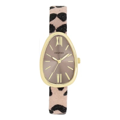 OOZOO Timepieces - Goudkleurige horloge met bruin/zwarte leren band - C11638