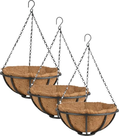 Esschert Design Metalen hanging basket / plantenbak met ketting - 3x stuks - D30 cm - zwart - hangende bloemen - inclusief kokosinlegvel