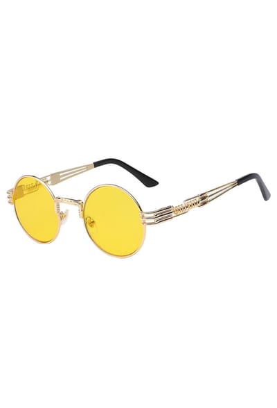 KIMU® Ronde Bril Steampunk Heren - Goud Montuur Rond - Gele Glazen - Nachtbril Autorijden Wintersport Retro Hippie - Gouden Zonnebril Geel Uv Festival
