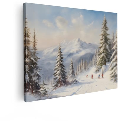 Artaza Canvas Schilderij Winterlandschap - 40x30 cm - Wanddecoratie Bergen - Muurdecoratie Skipiste - Decoratie Sneeuw Dennenbos - Kamer Accessoires