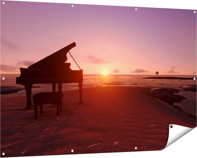 Gards Tuinposter Piano op het Strand bij Zonsondergang - 150x100 cm - Tuindoek - Tuindecoratie - Wanddecoratie buiten - Tuinschilderij