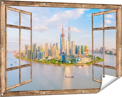 Gards Tuinposter Doorkijk Skyline Shanghai Stad in China - 120x80 cm - Tuindoek - Tuindecoratie - Wanddecoratie buiten - Tuinschilderij