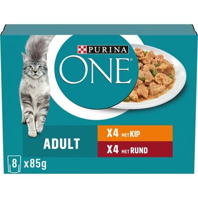 Purina ONE Fijne Malse Reepjes in Saus Kip - Rund 8 x 85 gr